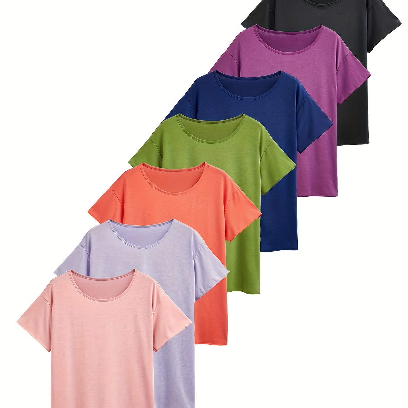 

7-pack Women's Casual Sports T-shirts, Solid Color Comfort Fit Crew Neck Short Sleeve Everyday Wear T-shirt