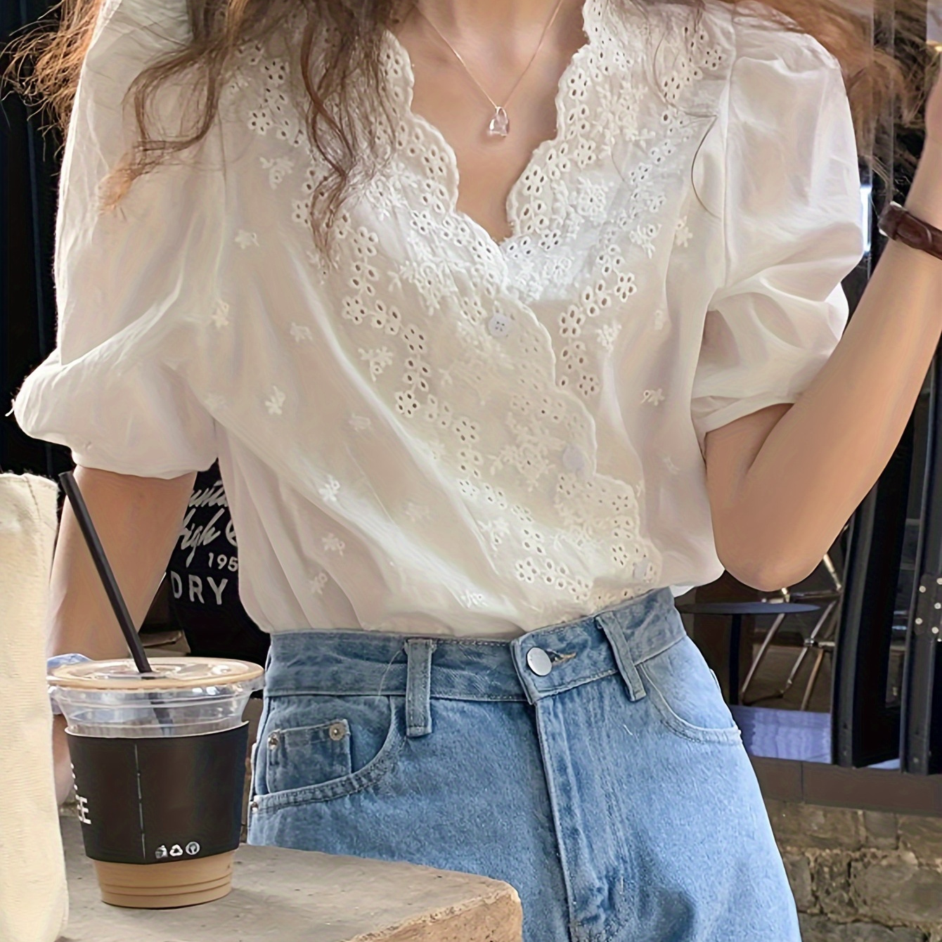 TEMU Embroidered Button Front Scallop Trim Blouse, Sweet Short Sleeve Loose Blouse For Spring & Summer, Women's Clothing