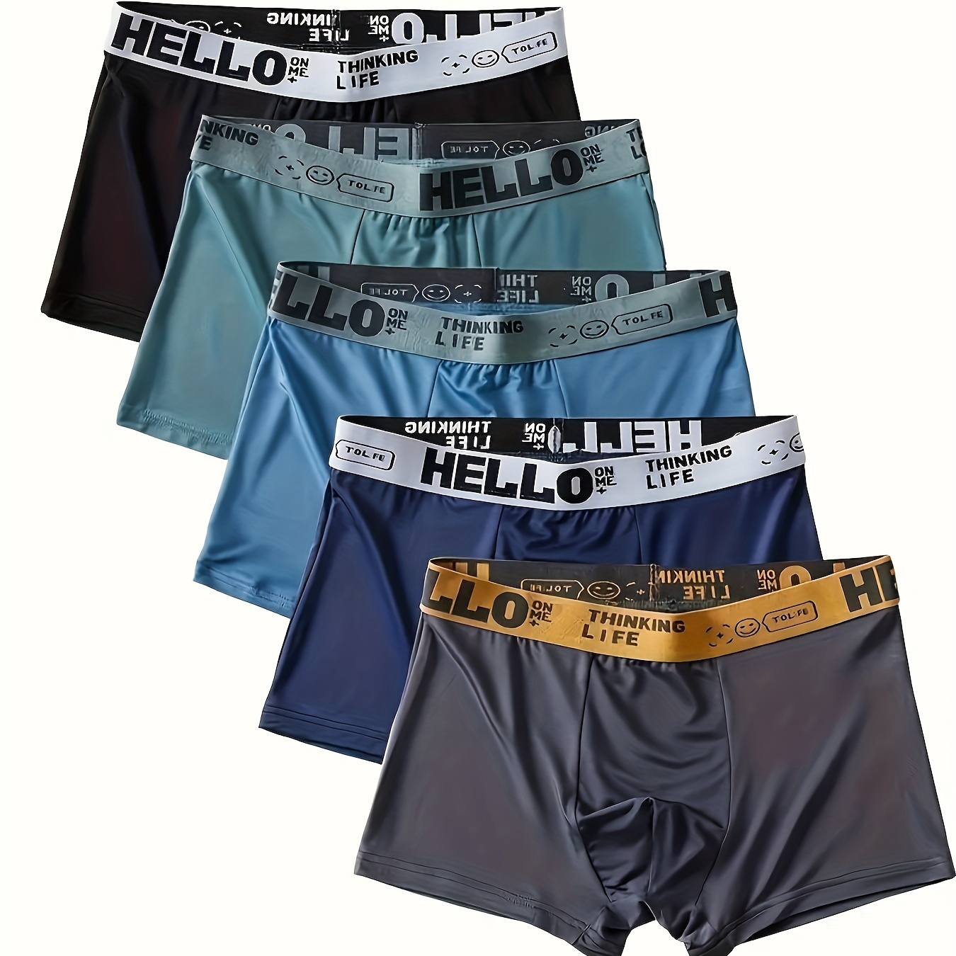 

5pcs Men's Ice Silk Boxer Briefs In Assorted Solid Colors - Ultra Comfortable, Quick-drying, Breathable With Waistband - Ideal For Hiking & Casual Attire