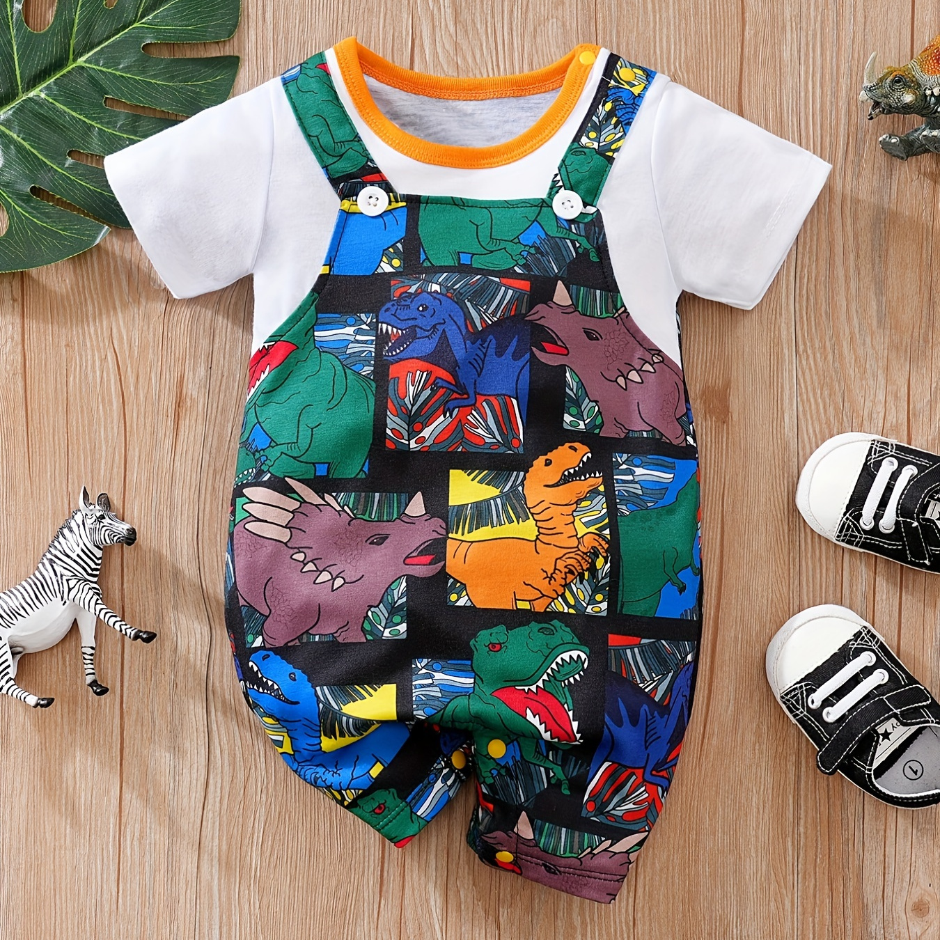 

Baby Boys Casual Trendy Creative Cute Faux 2 Pieces Short Sleeve Jumpsuit With Dinosaur Graphic For Summer Holiday