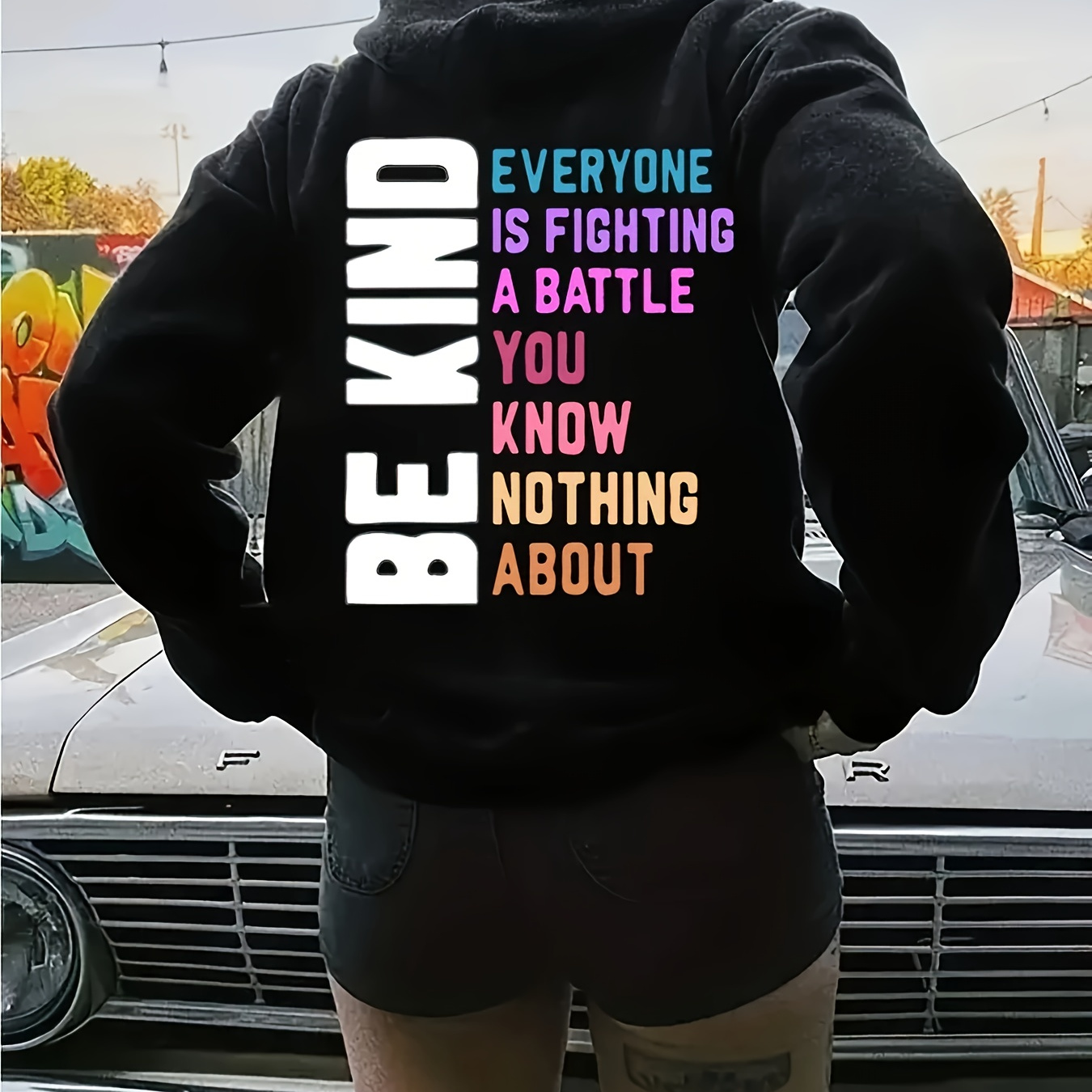 

Be Kind Print Drawstring Hoodie, Casual Long Sleeve Kangaroo Pocket Sweatshirt, Women's Clothing