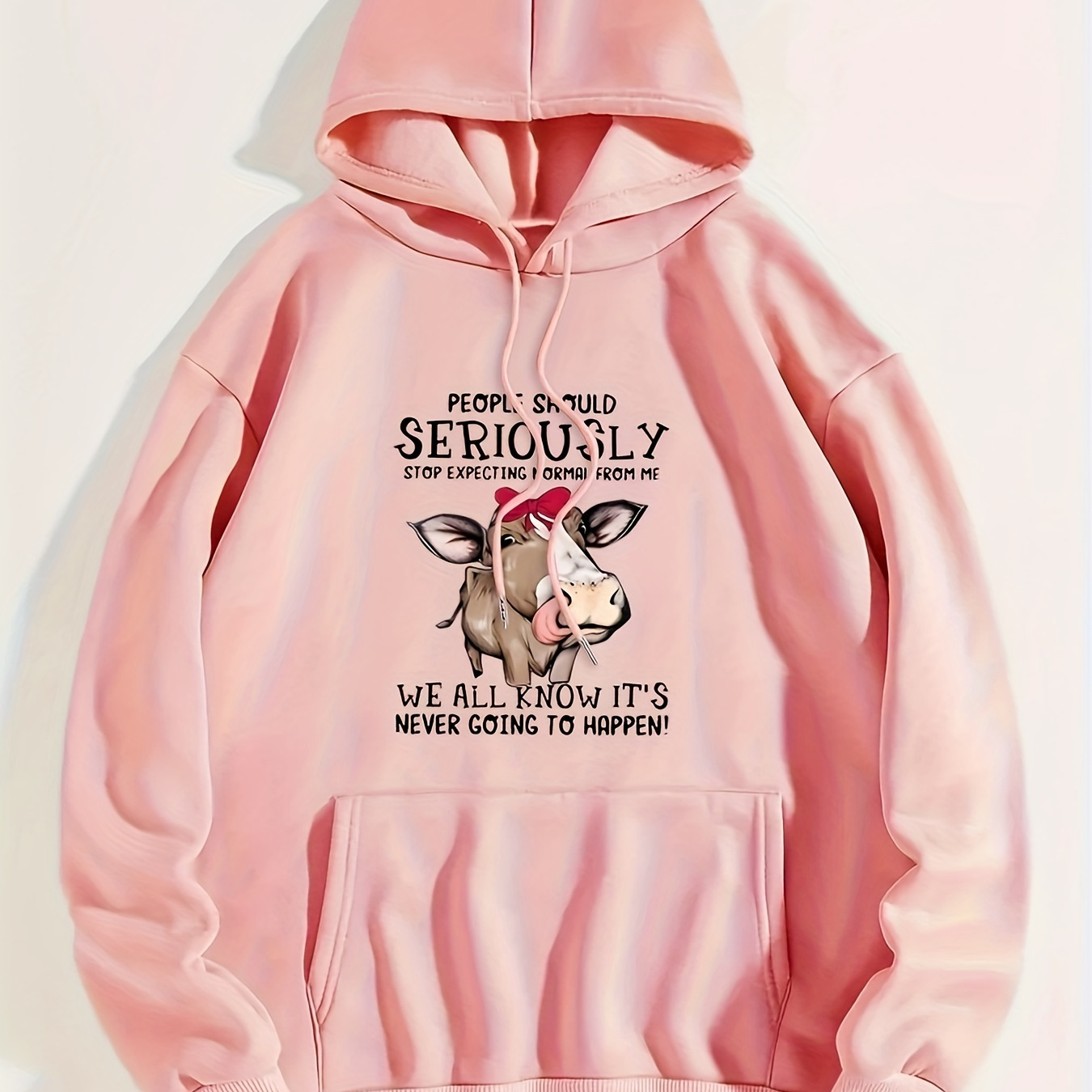 

Cow & Letter Print Hoodie, Casual Pocket Long Sleeve Drawstring Hoodies Sweatshirt, Women's Clothing