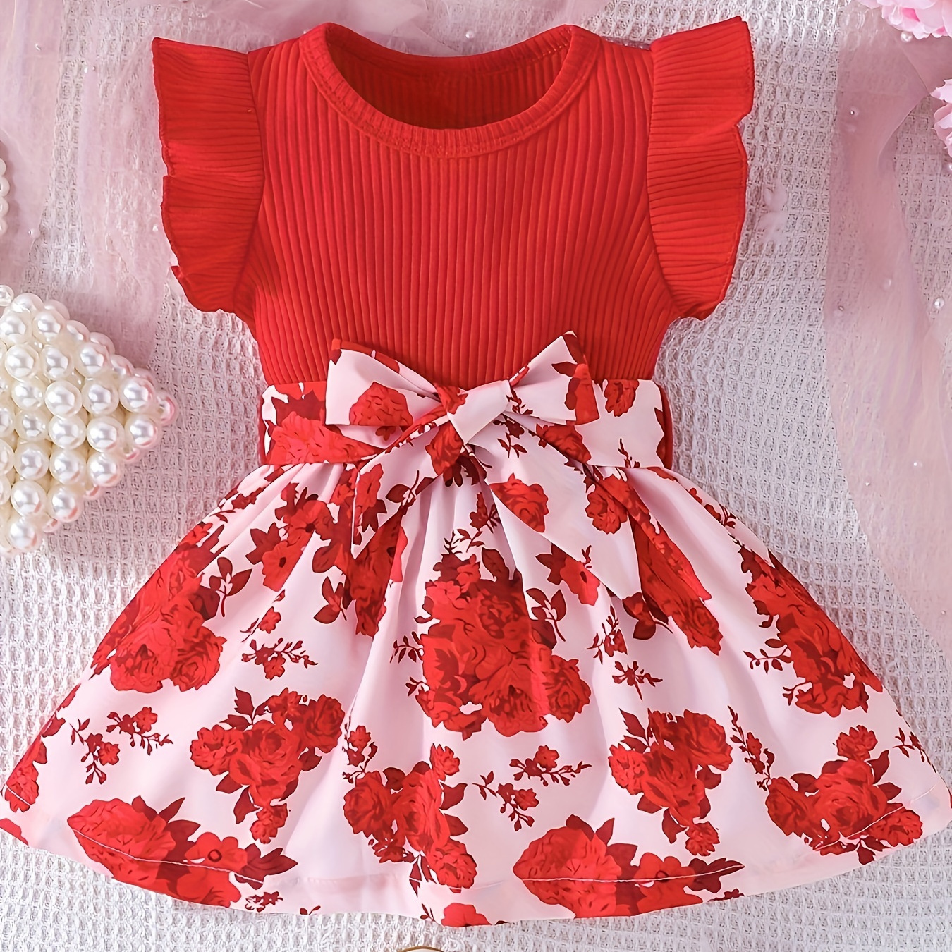 

Baby Girl Ribbed Floral Pattern Dress For Summer