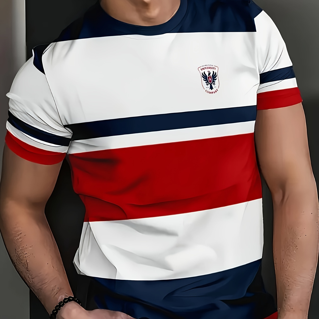 

T-shirt décontracté à col rond pour homme avec imprimé aigle, tissu en de polyester, manches courtes régulières, légère extensibilité, t-shirt d'été à enfiler