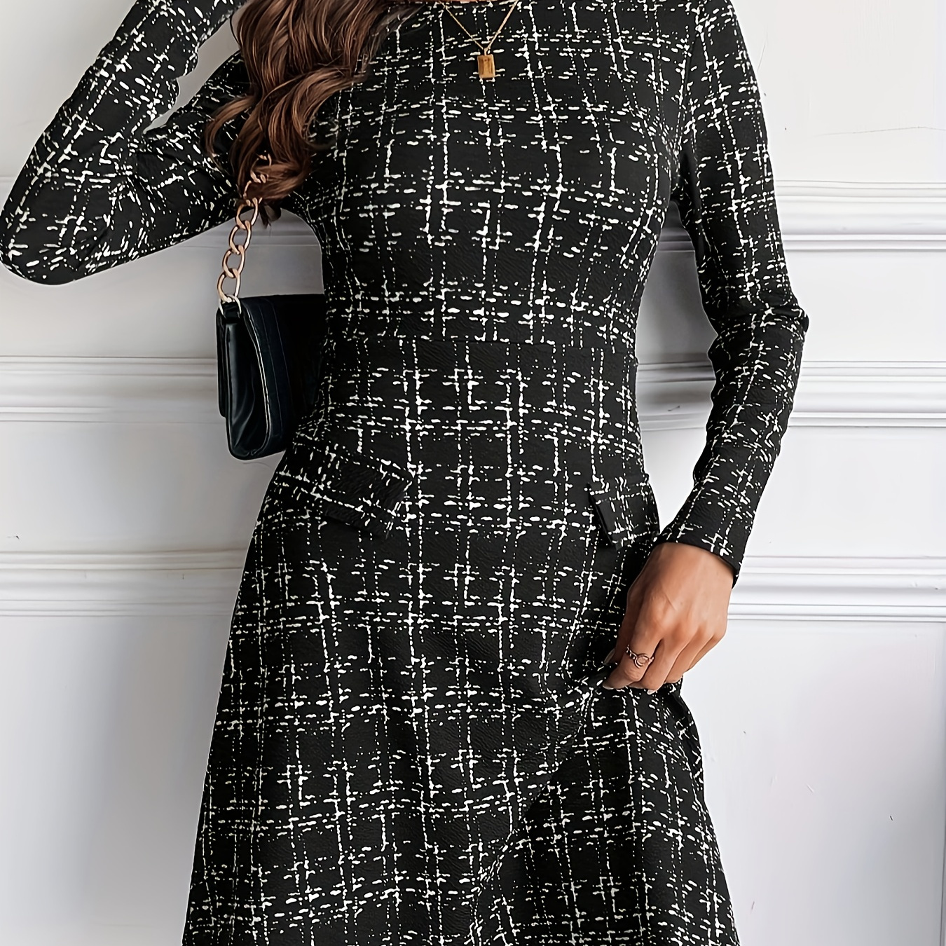 

1pc Elegant Long Sleeve Dress For Women, Polyester Knit Round Neck Fitted Dress, Fashion -