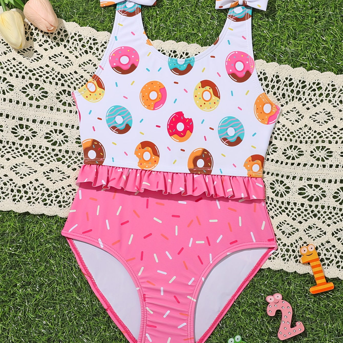 

Donuts Pattern Girl's 1-piece Swimsuit, Bow Straps Cute Swimwear Pool Beach Swimming Suits