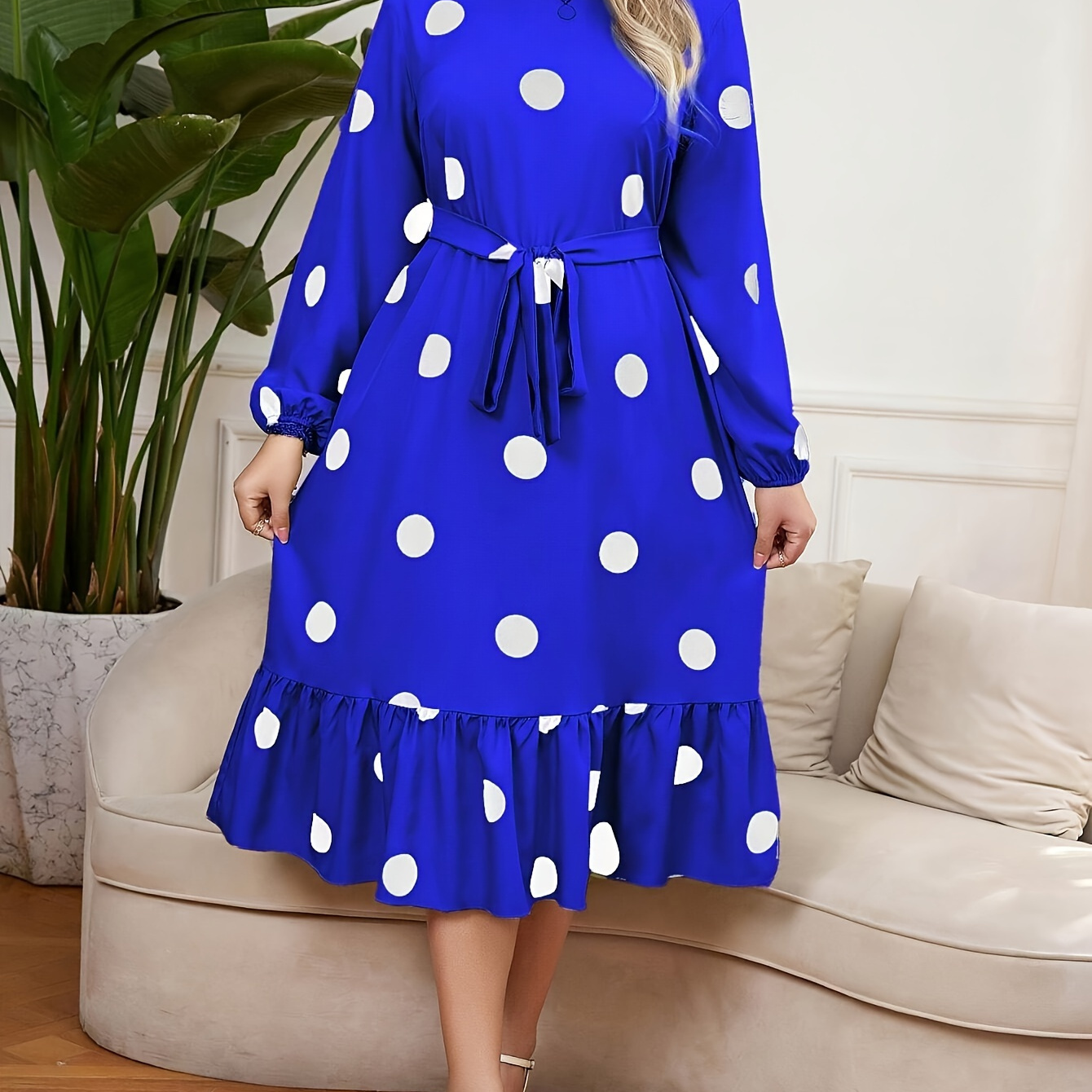 

Plus Size Polka Dot Print Dress, Elegant Long Sleeve Tie Waist Crew Neck Ruffle Hem Dress For Spring & Fall, Women's Plus Size Clothing