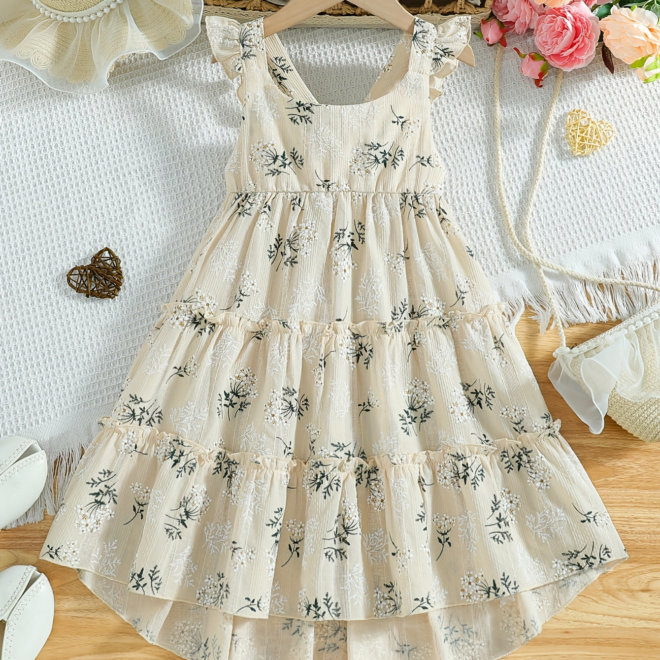 

Fresh Floral A-line Midi Dress For Girls Comfy Holiday Casual Sleeveless Dresses, Summer Clothing, Gift