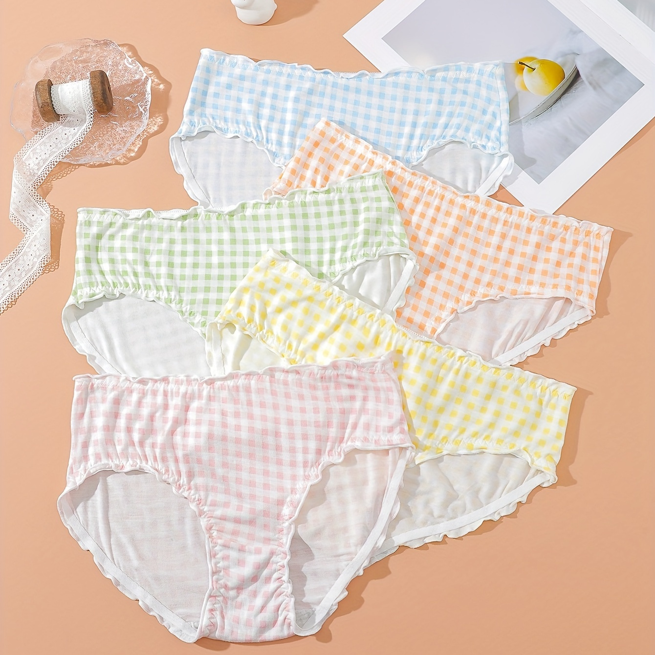 5pcs Cute Gingham Print Briefs Comfy Breathable Stretchy Intimates Panties Women s Lingerie Underwear