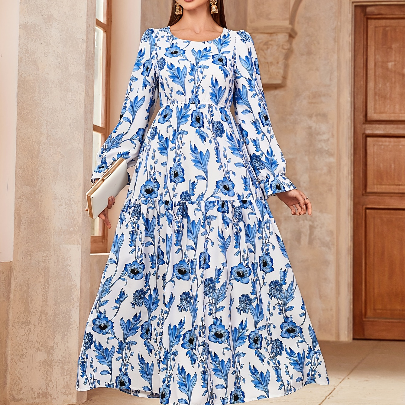 

Floral Print Crew Neck Kaftan Dress, Elegant Long Sleeve Tiered Hem A-line Dress, Women's Clothing