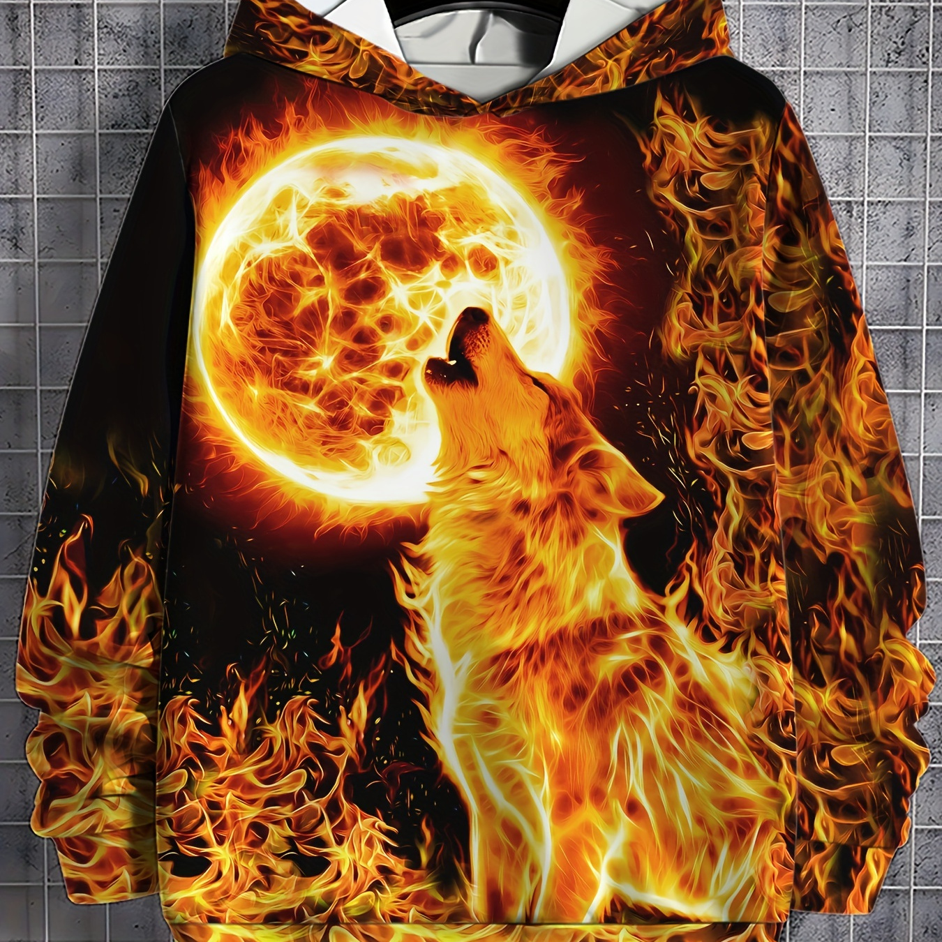 

Wolf & Graphic Hoodie For Men - , 100% Polyester, Crew Neck, Slight Stretch, Knit Fabric, Regular Fit, Fashionable Pullover With Print, Comfortable And Outerwear