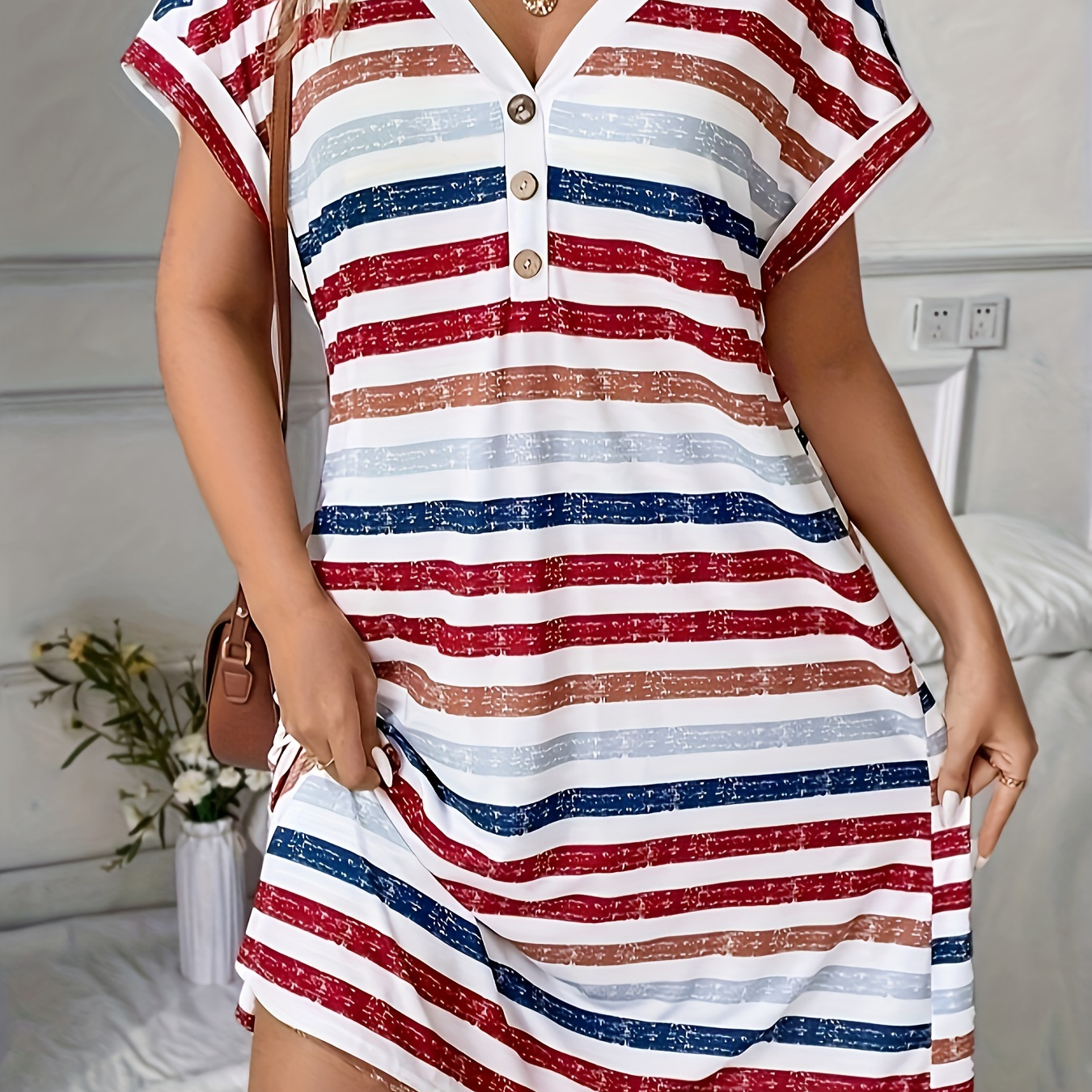

Plus Size Colorful Stripe Print Button Front Dress, Casual Batwing Sleeve V Neck Dress For Spring & Summer, Women's Plus Size Clothing