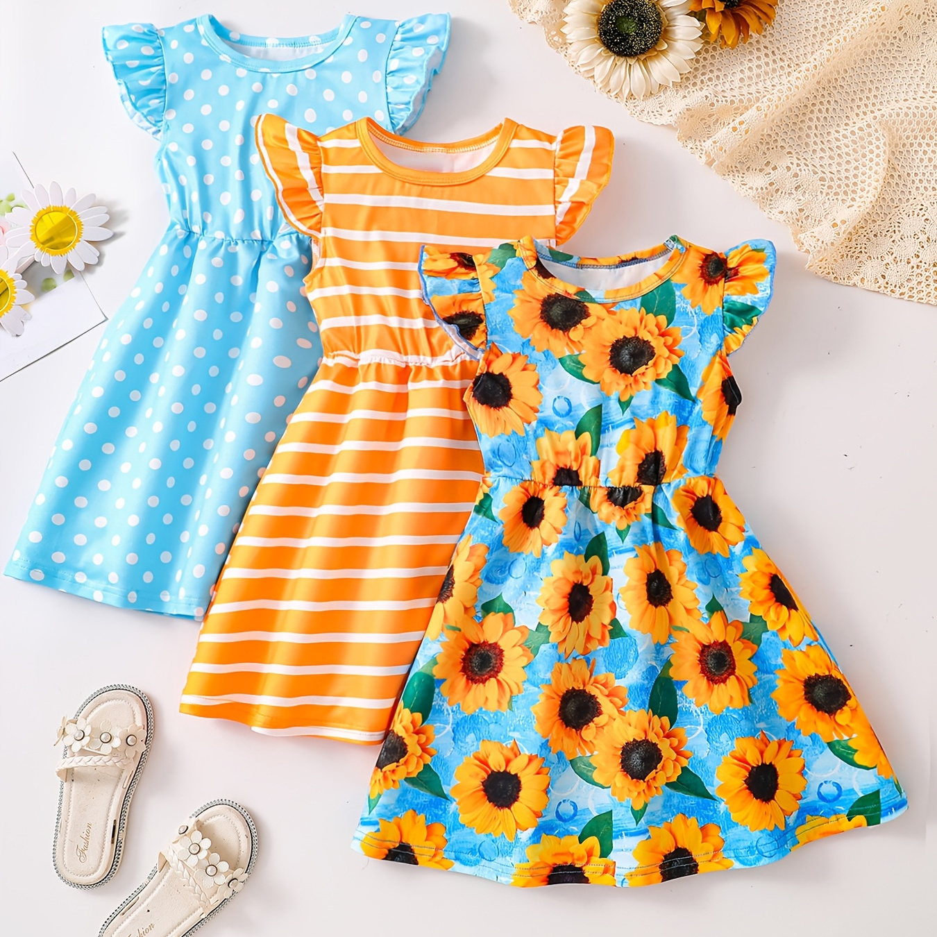 3pcs Girls' Casual Summer Dress Set: Polka Dot + Sunflower Print + Striped  Flutter Sleeve Round Neck Waist-Tie Dresses, Fashionable Versatile Soft  Sleeveless Princess Skirts for 4-5-6-7-8 Years Old * ...