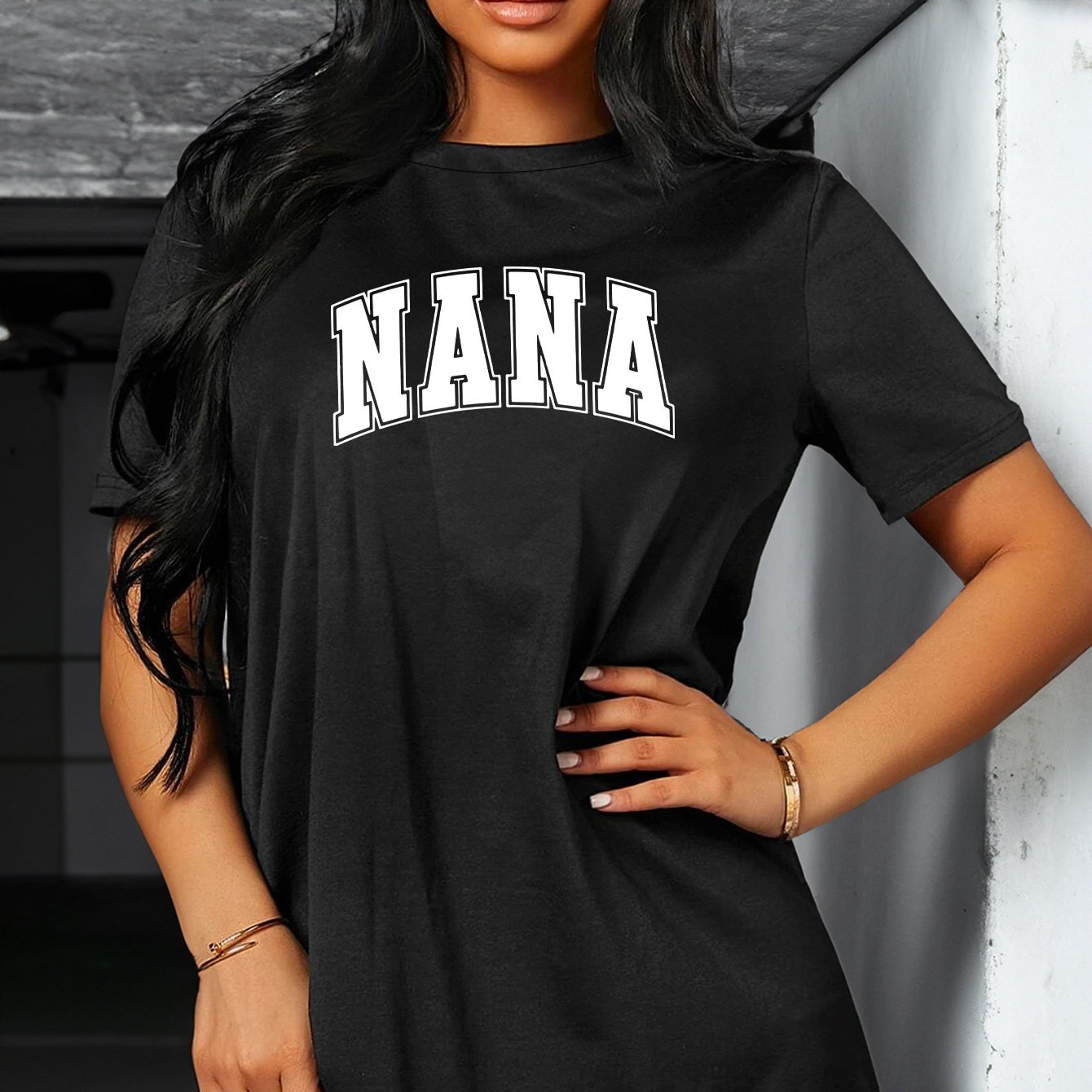 

Plus Size Nana Print Dress, Casual Short Sleeve Crew Neck Dress For Spring & Summer, Women's Plus Size clothing