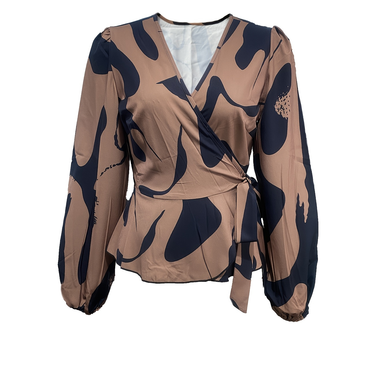 

Abstract Print V-neck Peplum Blouse, Elegant Lantern Sleeve Blouse For Spring & Fall, Women's Clothing