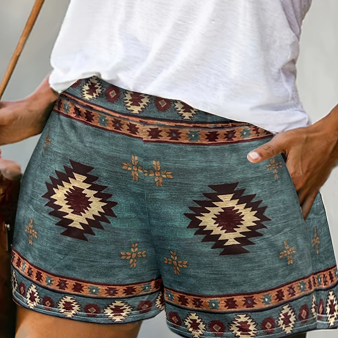 

Vintage Tribal Print Polyester Shorts, Summer Casual Knit Fabric Bermuda Shorts With Pockets