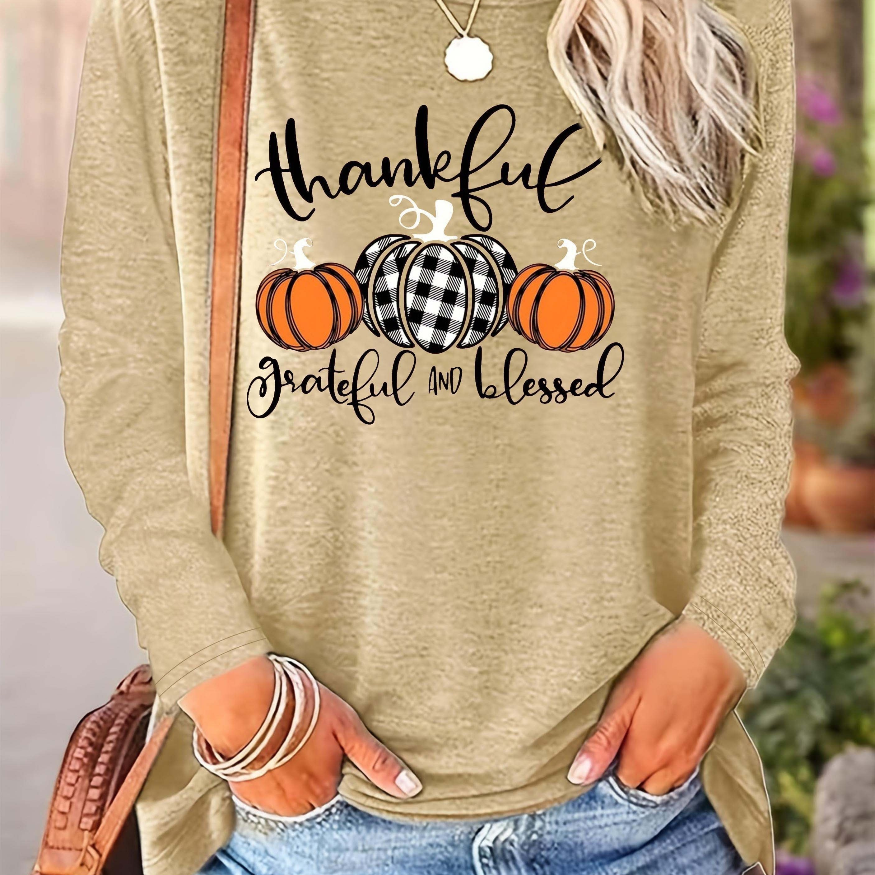 

Plaid Pumpkin Print Tee, Casual Long Sleeve Crew Neck T-shirt, Women's Clothing