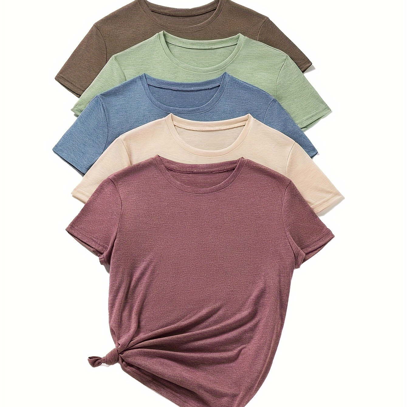 

Ensemble de 5 T-Shirts à Manches Courtes pour Femmes - Couleur Unie, Décontracté, Mélange de Polyester et Élasthanne Extensible, Lavable en Machine, Col Rond