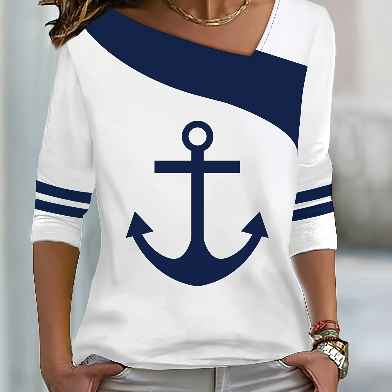 

Anchor Print Color Block T-shirt, Casual Long Sleeve Top For Spring & Fall, Women's Clothing