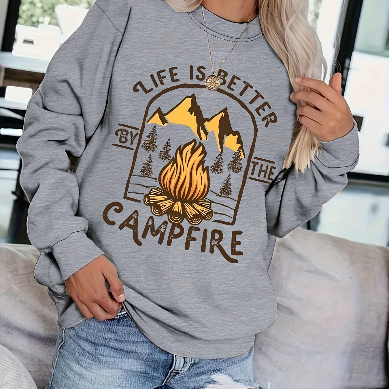 

Camping Print Pullover Sweatshirt, Casual Long Sleeve Crew Neck Sweatshirt For Fall & Winter, Women's Clothing