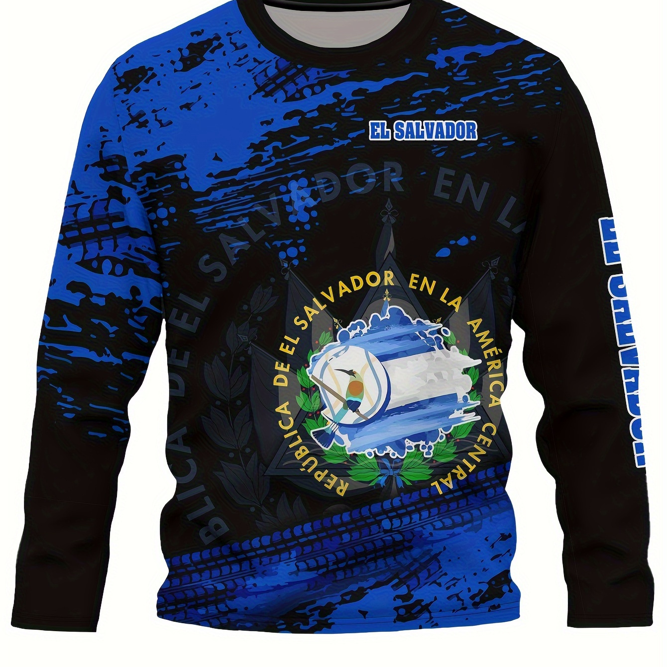 

El Salvador Theme Flag And Tire Track Pattern Crew Neck And Long Sleeve T-shirt, Stylish And Trendy Tops For Men's Spring And Autumn Outdoors Leisurewear