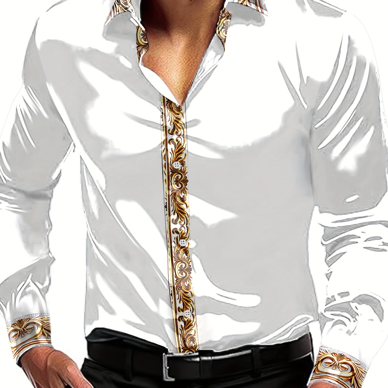 

Men's Lapel Patchwork Long Sleeve Shirts, Casual Button Up Shirt For Formal Occasions