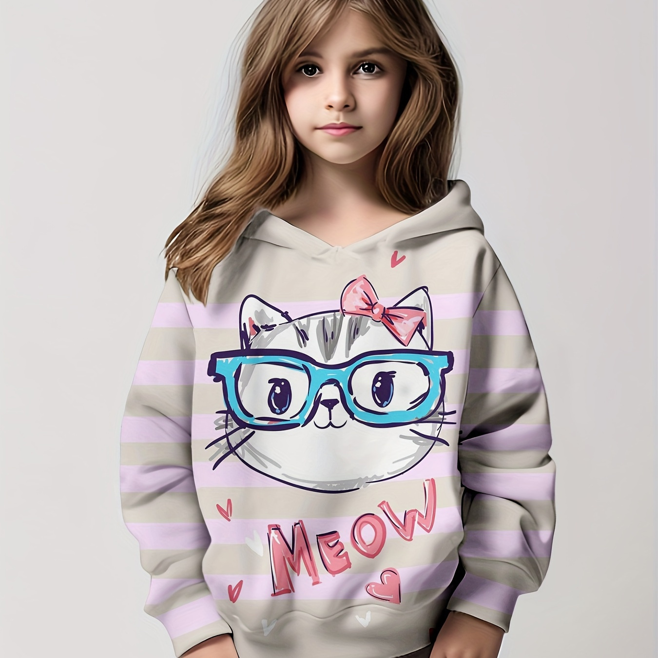 

''cat With Bow'' Graphic Hoodie Versatile & Fashionable Long Sleeve Sweatshirt, Girls Clothing