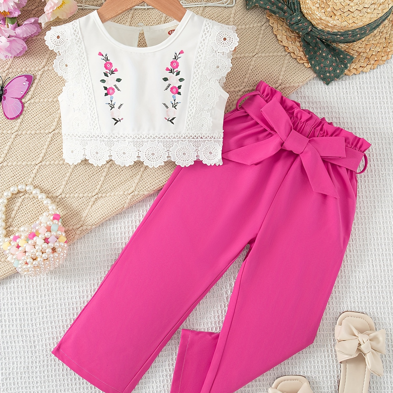 

Girls Outfit, Classy Lace Patchwork Top + Straight Pants Set, Casual 2pcs Summer Clothes