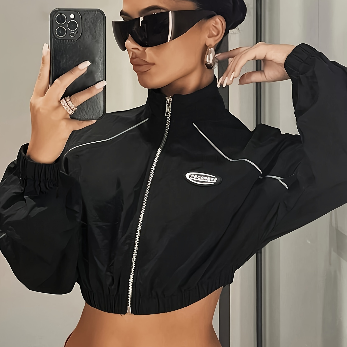 

Trim Zip-up Windbreaker Jacket, Y2k Stand Collar Long Sleeve Jacket For Spring & Fall, Women's Clothing