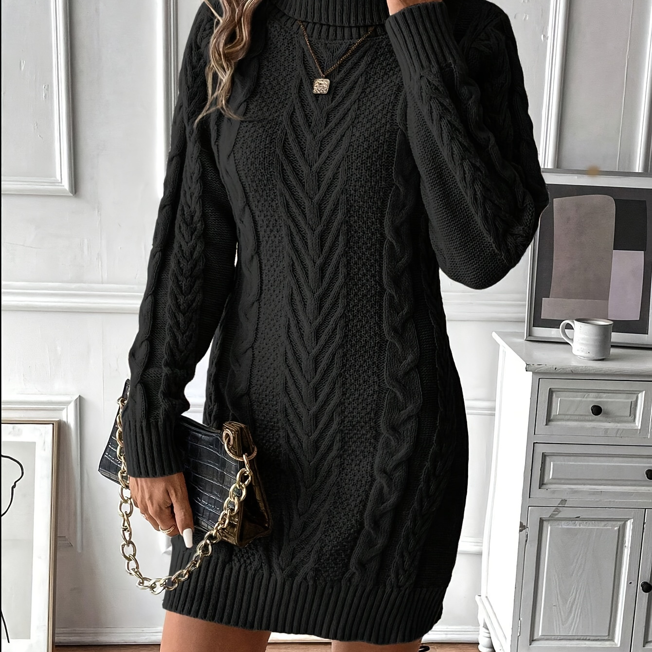 

Women's Casual Rib-knit High Neck Long Sleeve Sweater Dress - 100% Acrylic Solid Color Knit Fabric Midi Dress With Optional Belt Detail