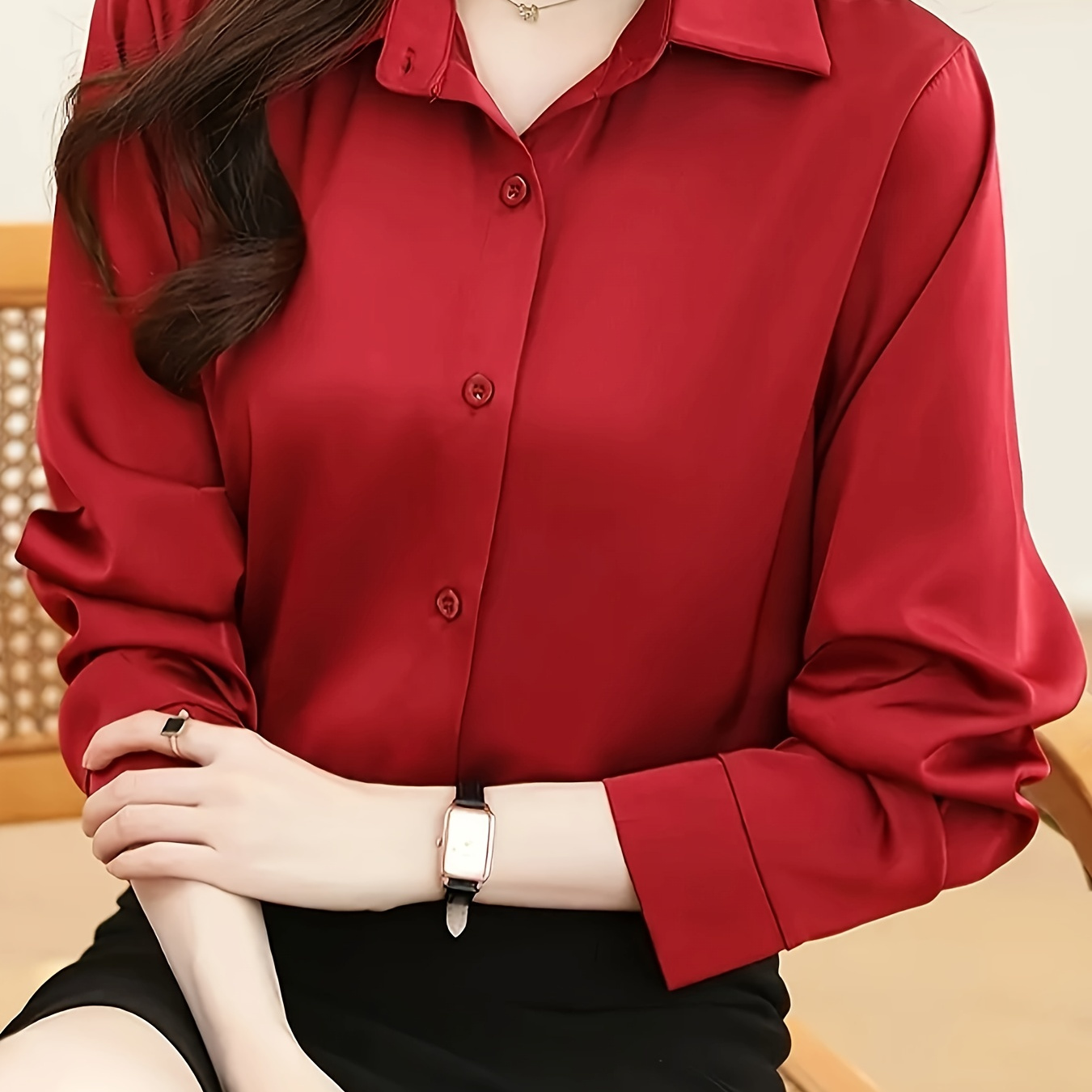 

Solid Color Button Front Shirt, Elegant Long Sleeve Shirt For Spring & Fall, Women's Clothing