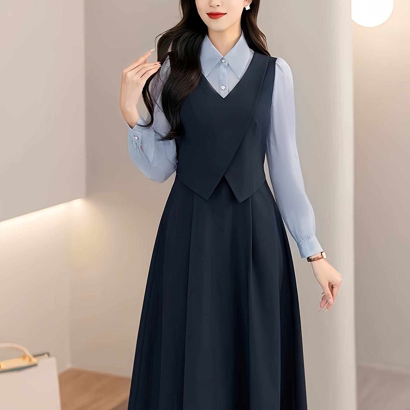 

Robe trapèze en polyester tissé de couleur unie avec détail de chemise superposée en - Robe midi pour femme à manches longues, col chemise, printemps/été/automne