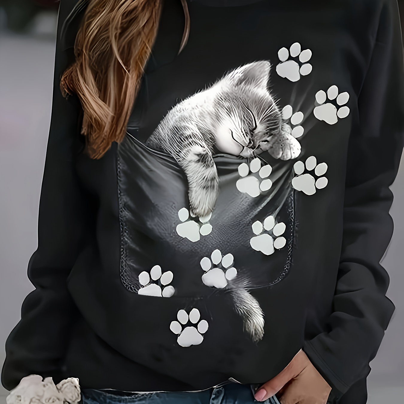 

Cat Print Long Sleeve T-shirt, Casual Crew Neck Top For Spring & Fall, Women's Clothing