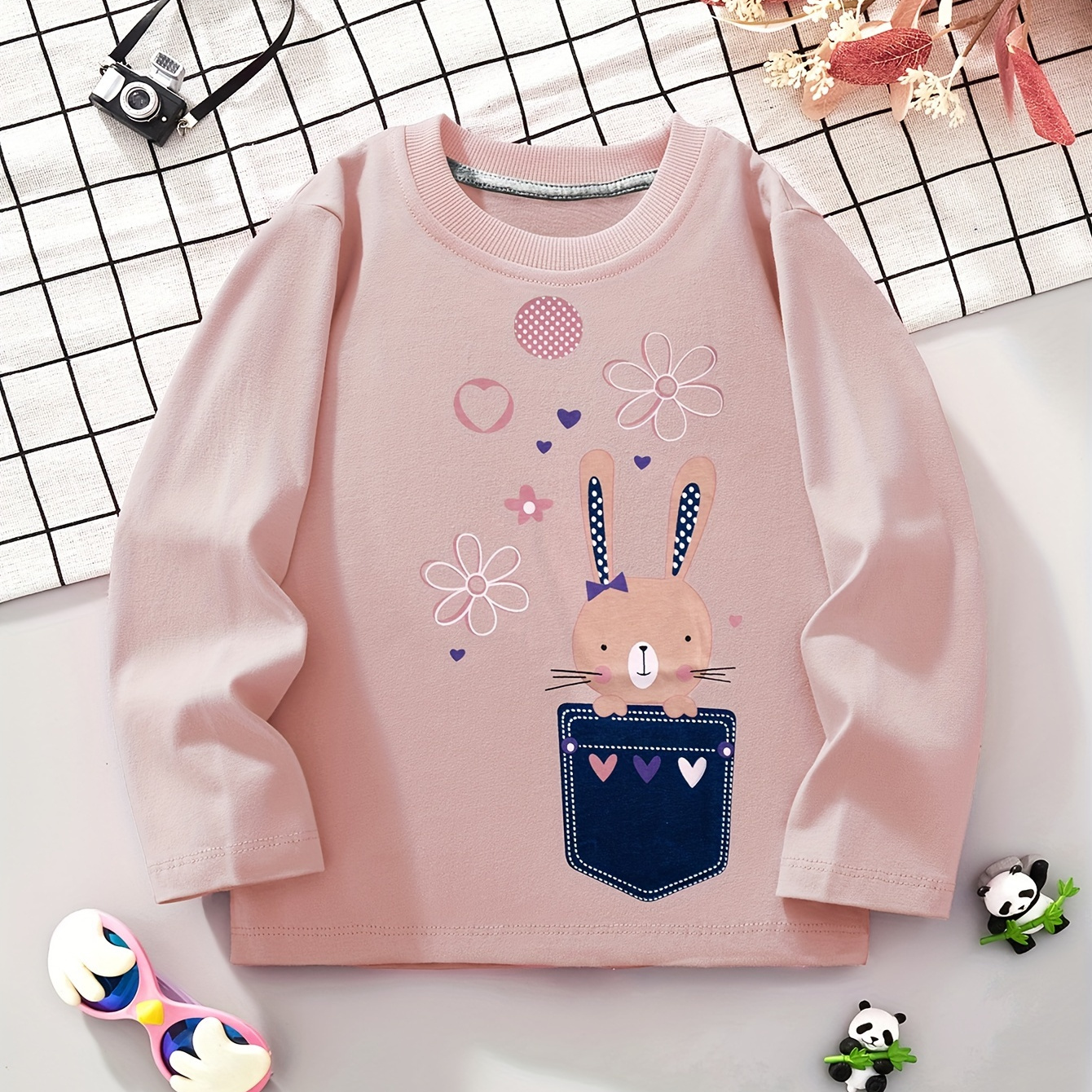 

Kids' Cartoon Rabbit Flower Print Long Sleeve Cotton Tee | Casual Crew Neck | 100% Cotton | Slight Stretch | Fall/winter Collection | Regular Fit Knit Top Pullover