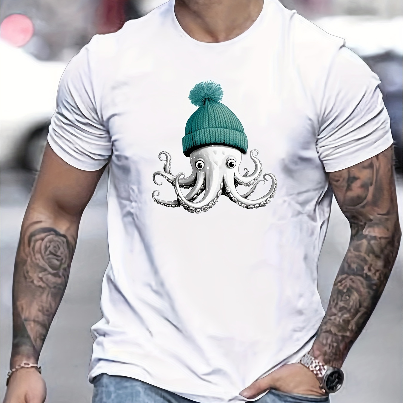 

Octopus Creative Print Stylish T-shirt For Men, Crew Neck Short Sleeve, Casual Tee, Versatile Top For Spring And Summer, Trendy Streetwear Fashion