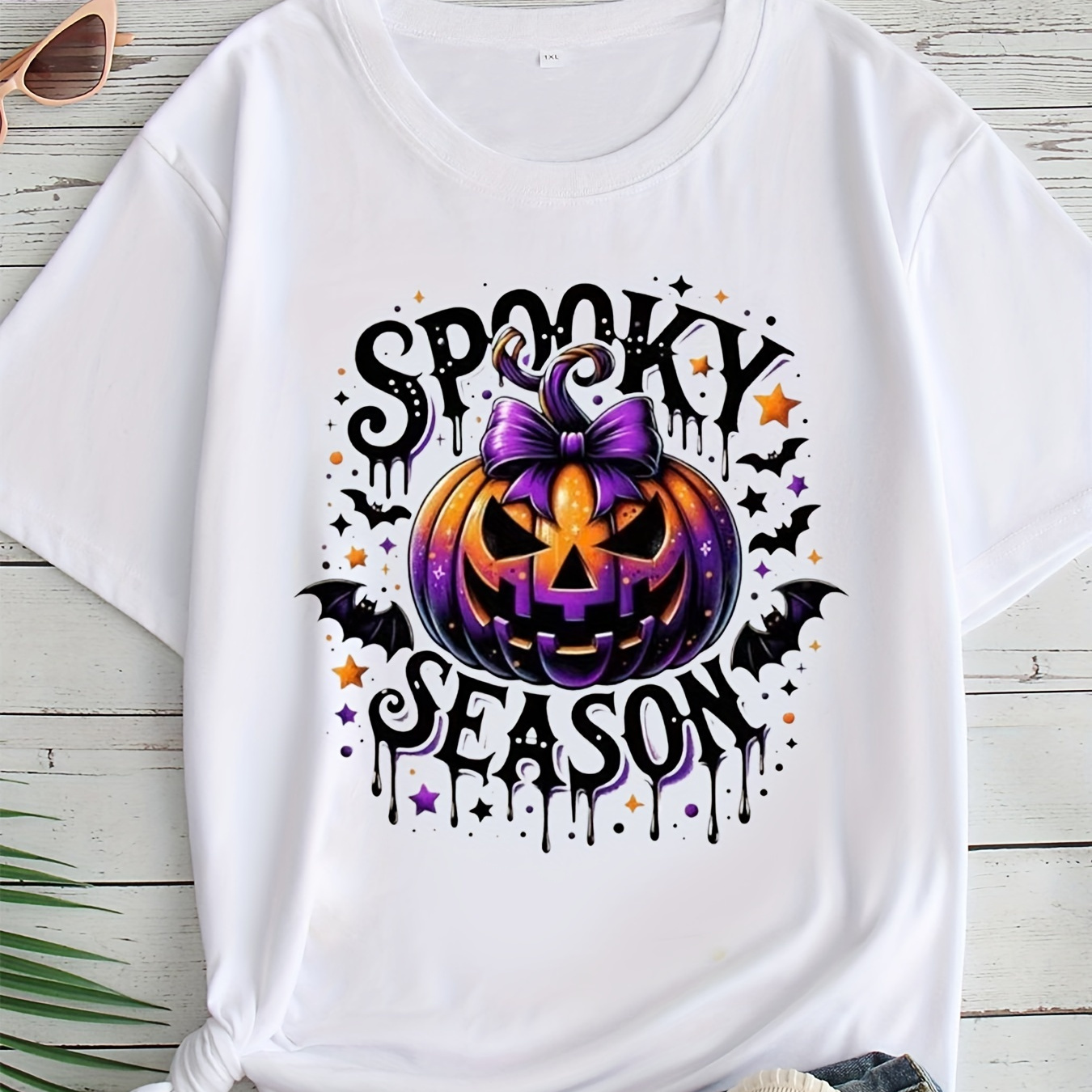 

Plus Size T-shirt For Women - Spooky Season Pumpkin Crew Neck Tee With Slight Stretch, Polyester 95%, Cotton 5%, Knit Fabric - All Season Wear