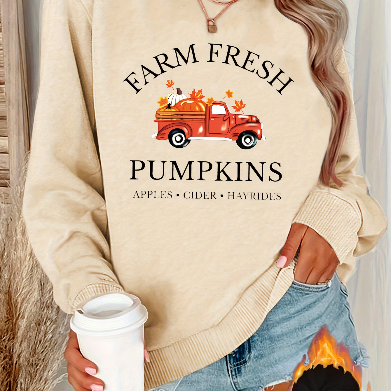 

Truck & Pumpkin Print Pullover Sweatshirt, Thanksgiving Long Sleeve Crew Neck Sweatshirt For Fall & Winter, Women's Clothing