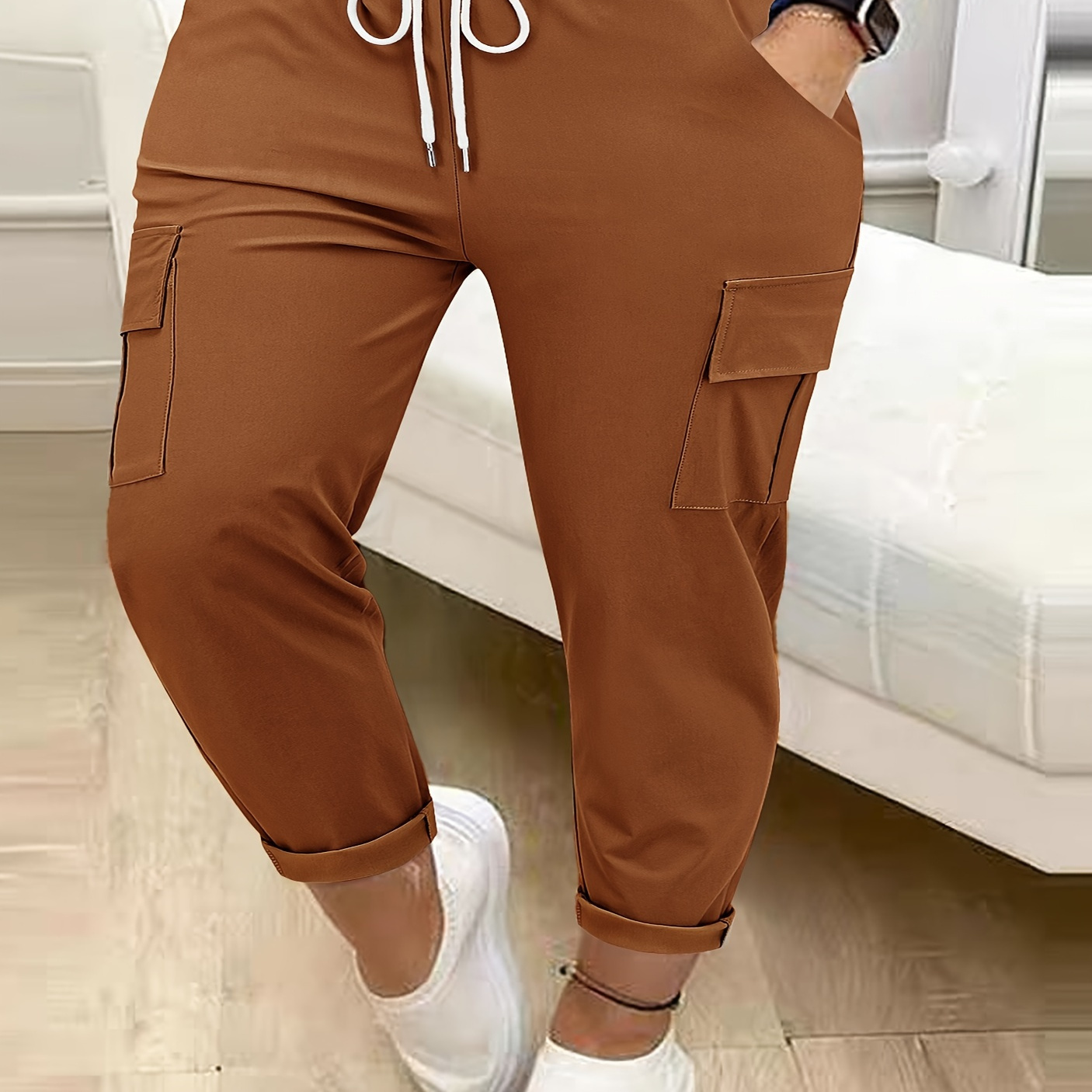 

Pantalon cargo décontracté grande taille pour femme - Taille avec cordon de serrage de couleur unie avec poches, tissu extensible en mélange de polyester, pantalon confortable toutes