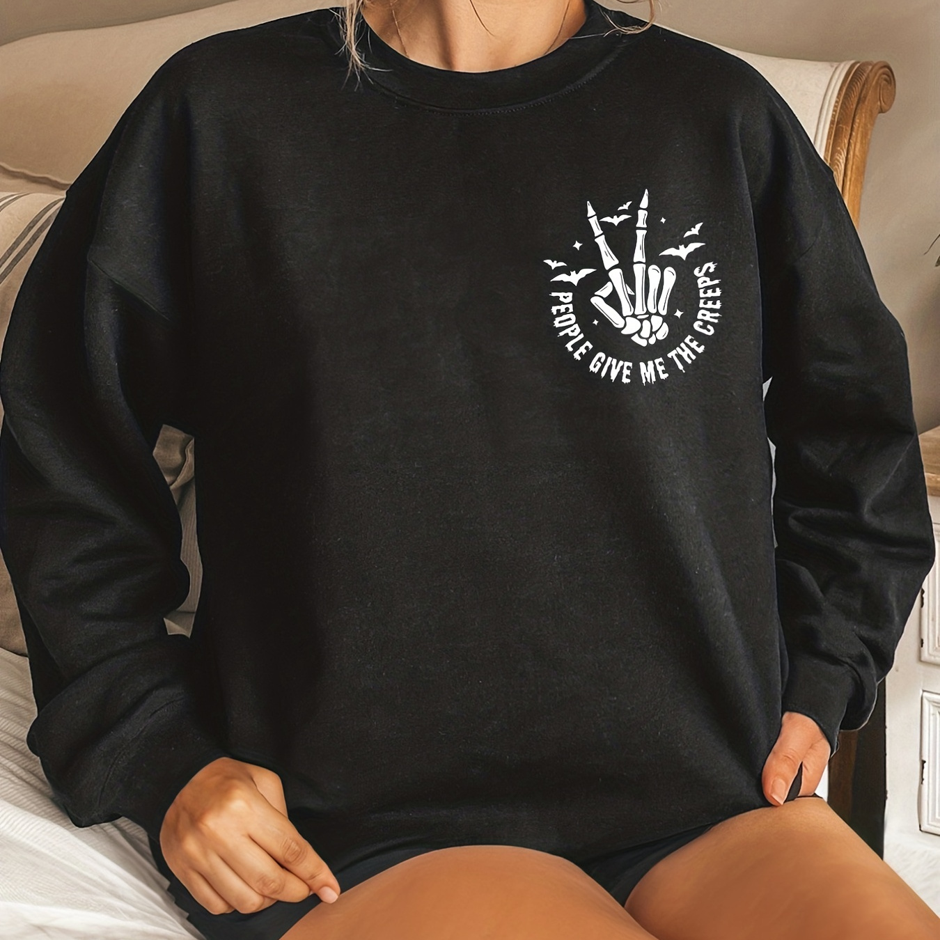 

Skull Hand & Letter Print Sweatshirt, Casual Long Sleeve Crew Neck Sweatshirt For Spring & Fall, Women's Clothing