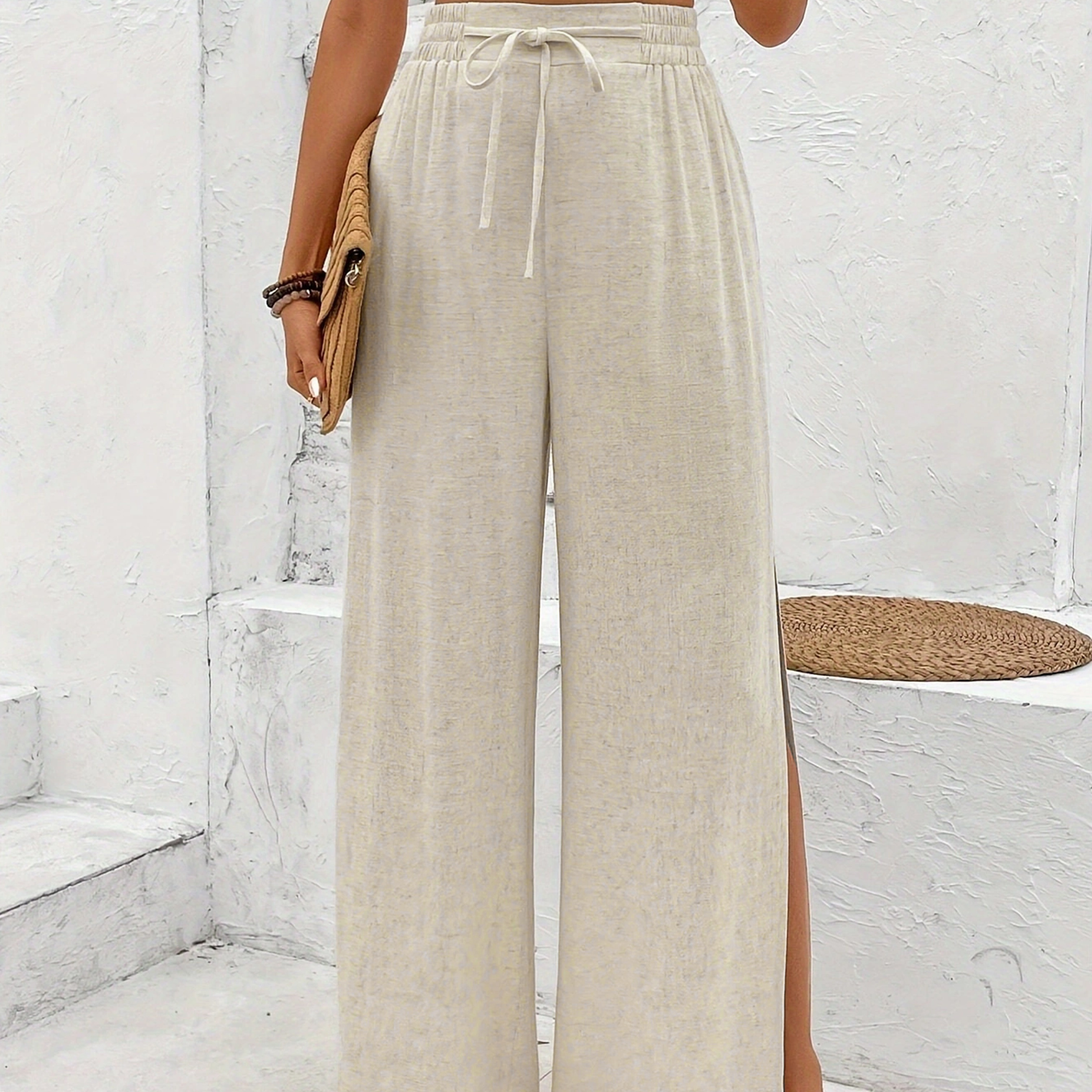 

Tie Front Side Split Pants, Casual Solid Elastic High Waist Pants For Spring & Summer, Women's Clothing