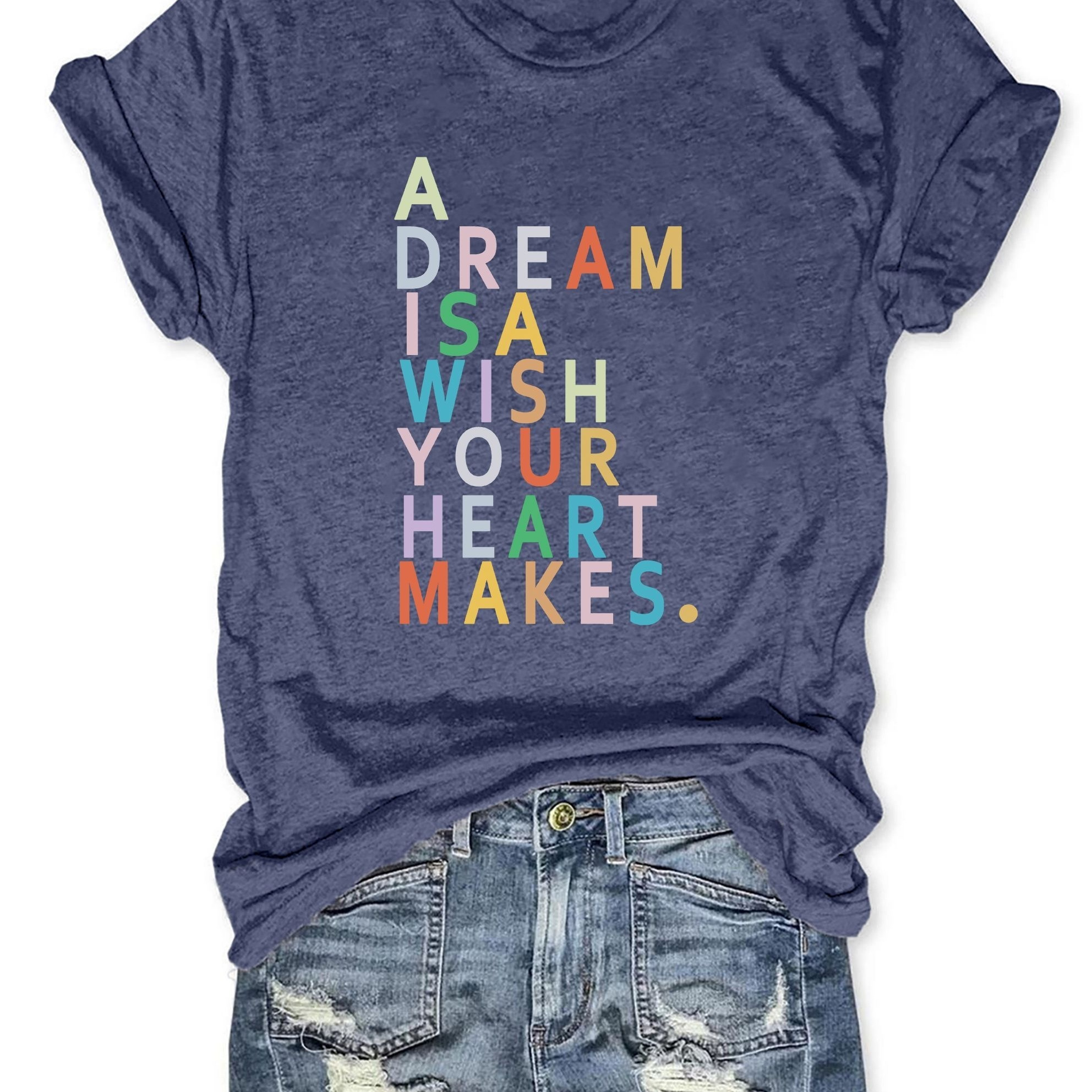 

Dream Print T-shirt, Short Sleeve Crew Neck Casual Top For Summer & Spring, Women's Clothing