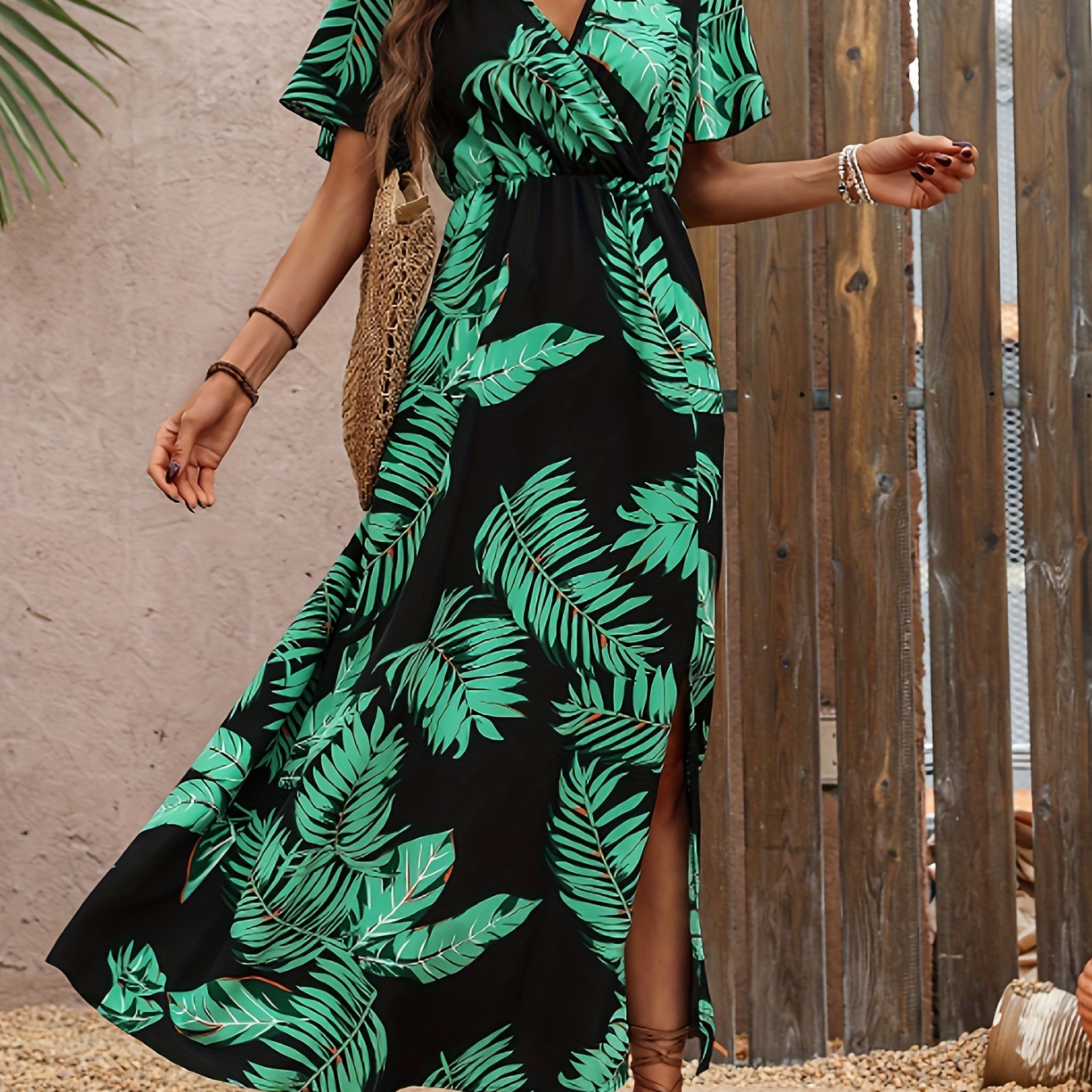 

Tropical Print Surplice Neck Dress, Vacation Style Ruffle Sleeve Split Hem A-line Dress For Spring & Summer, Women's Clothing