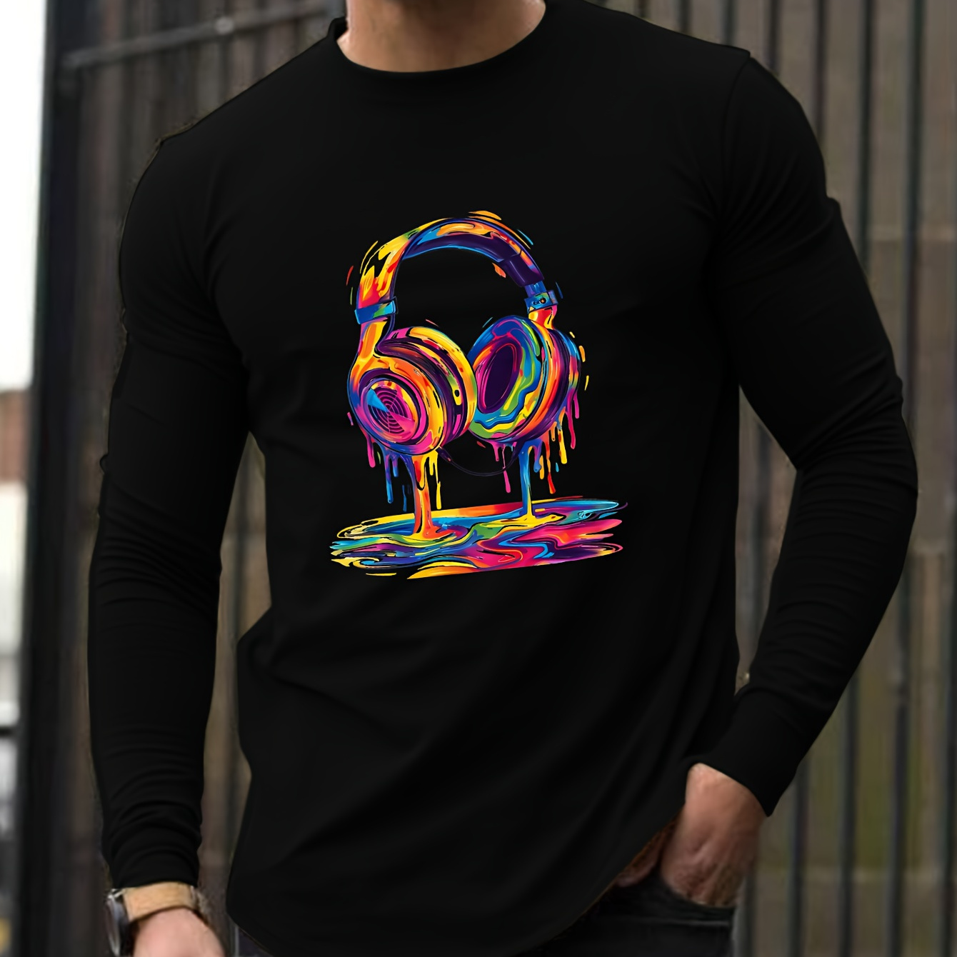 

Colorful Headset Print, Men's Fashion Crew Neck Long Sleeve T-shirt, Casual Comfy Top For Daily Wear