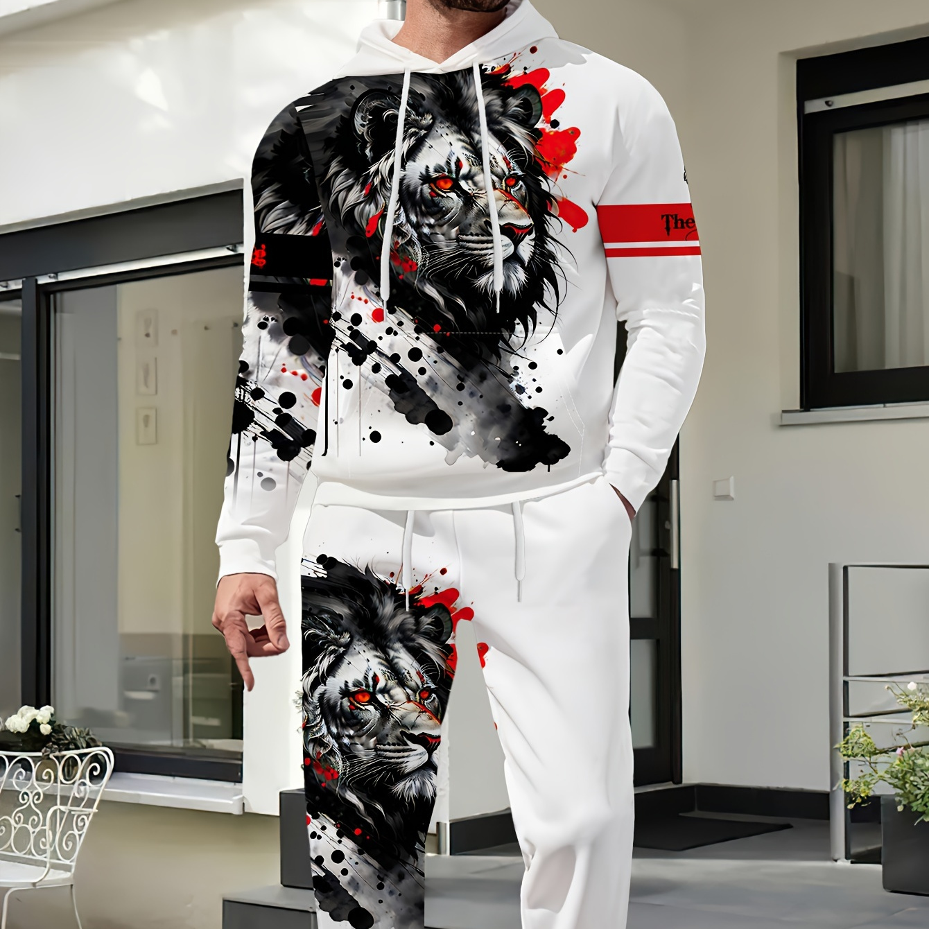 

Men's Casual 2pcs Set, Lion Print Hoodie + Joggers Matching