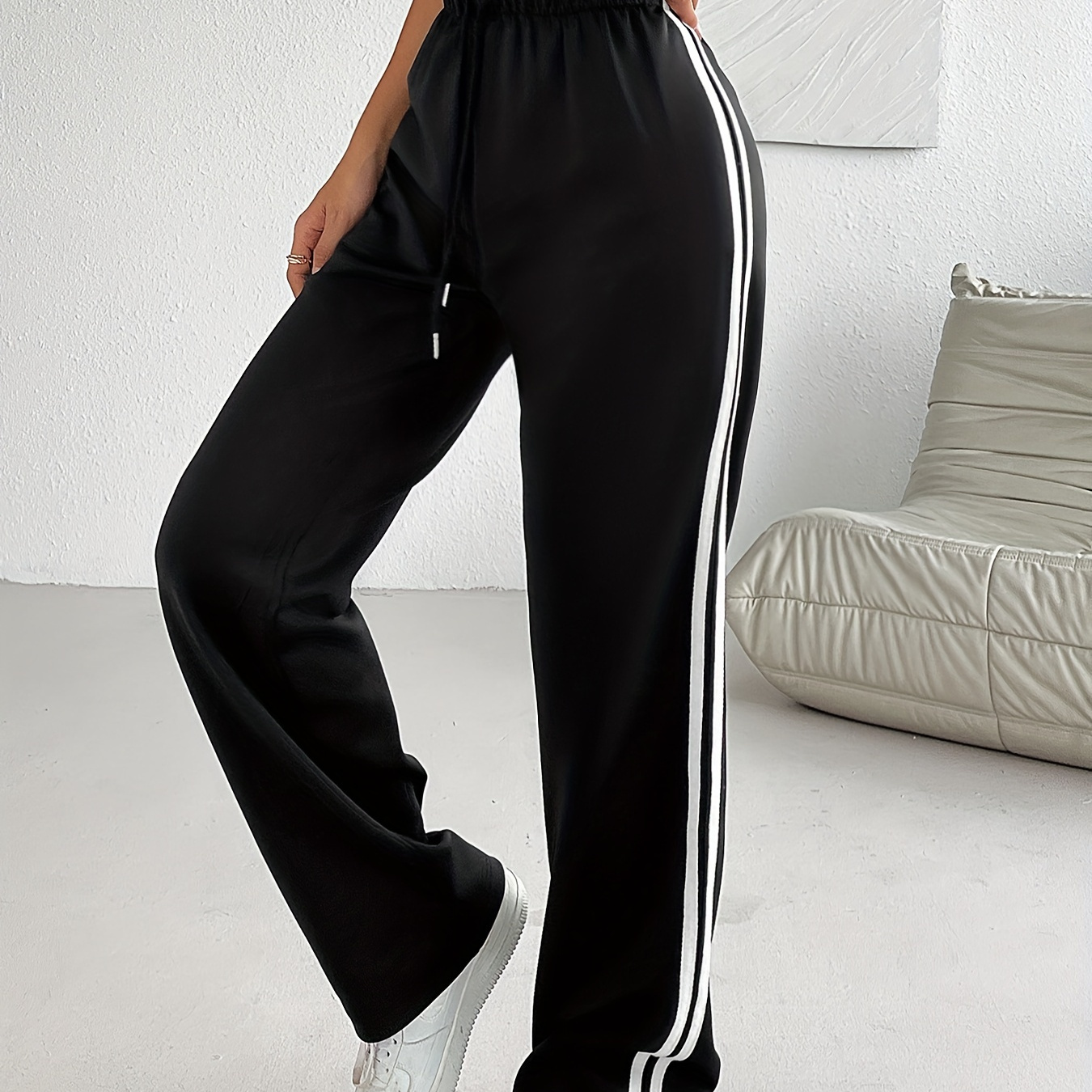 

Striped Straight Leg Pants, Casual Sporty Drawstring Elastic Waist Loose Pants, Women's Clothing