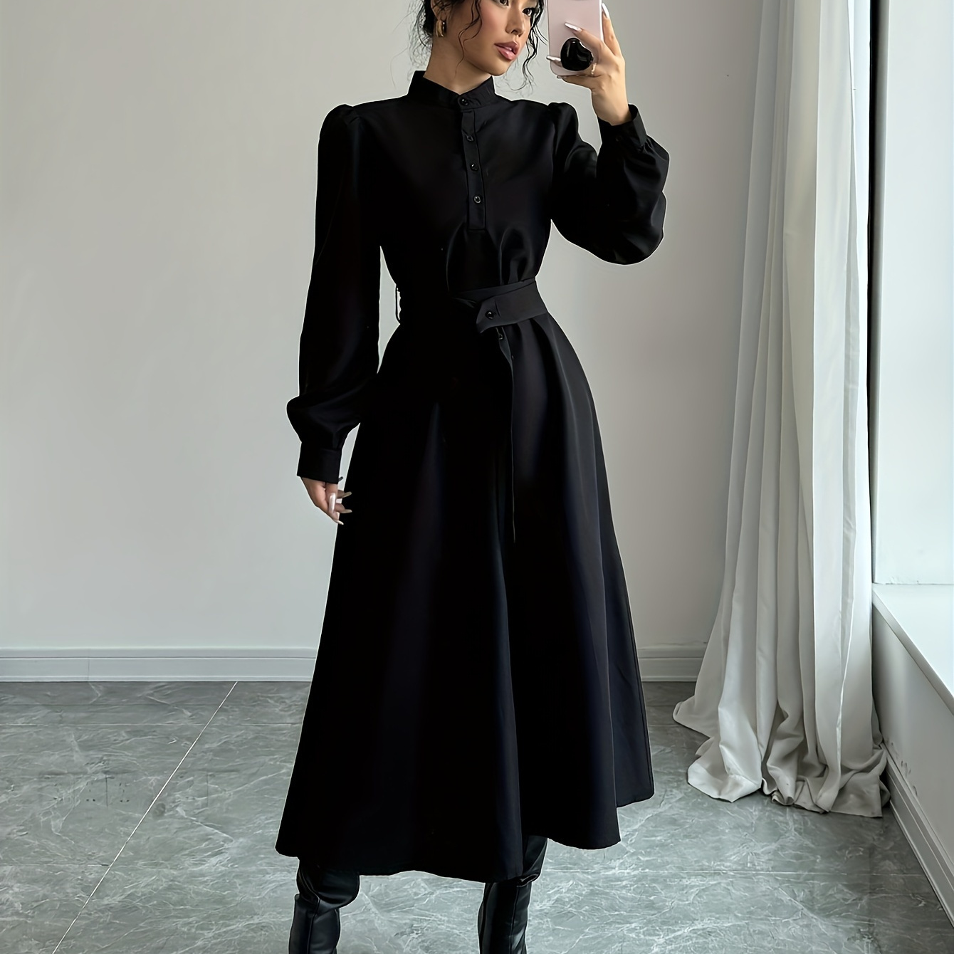 

Elegant Women's Long Sleeve Midi Dress With Stand Collar And Tie-waist - Solid Color, Fall/winter