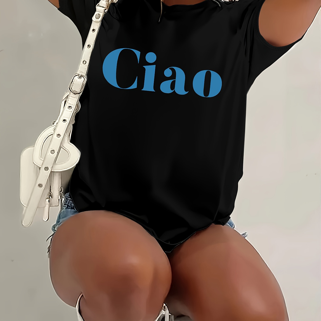 

Ciao Print Crew Neck T-shirt, Casual Short Sleeve Top For Spring & Summer, Women's Clothing