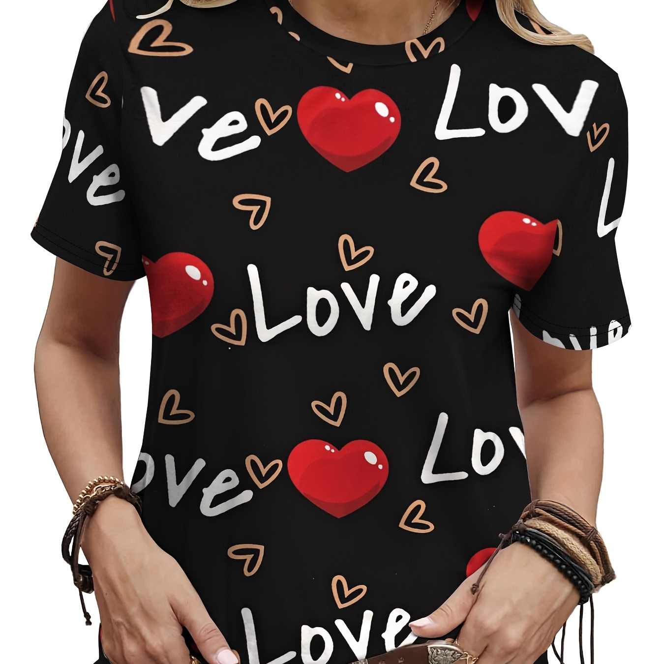 

1pc Women's Casual Crew Neck T-shirt With 3d Red Heart & Love Lettering Print, Polyester 95% Spandex 5% Knit Fabric, Medium Stretch, Regular Fit, Short Sleeve Top