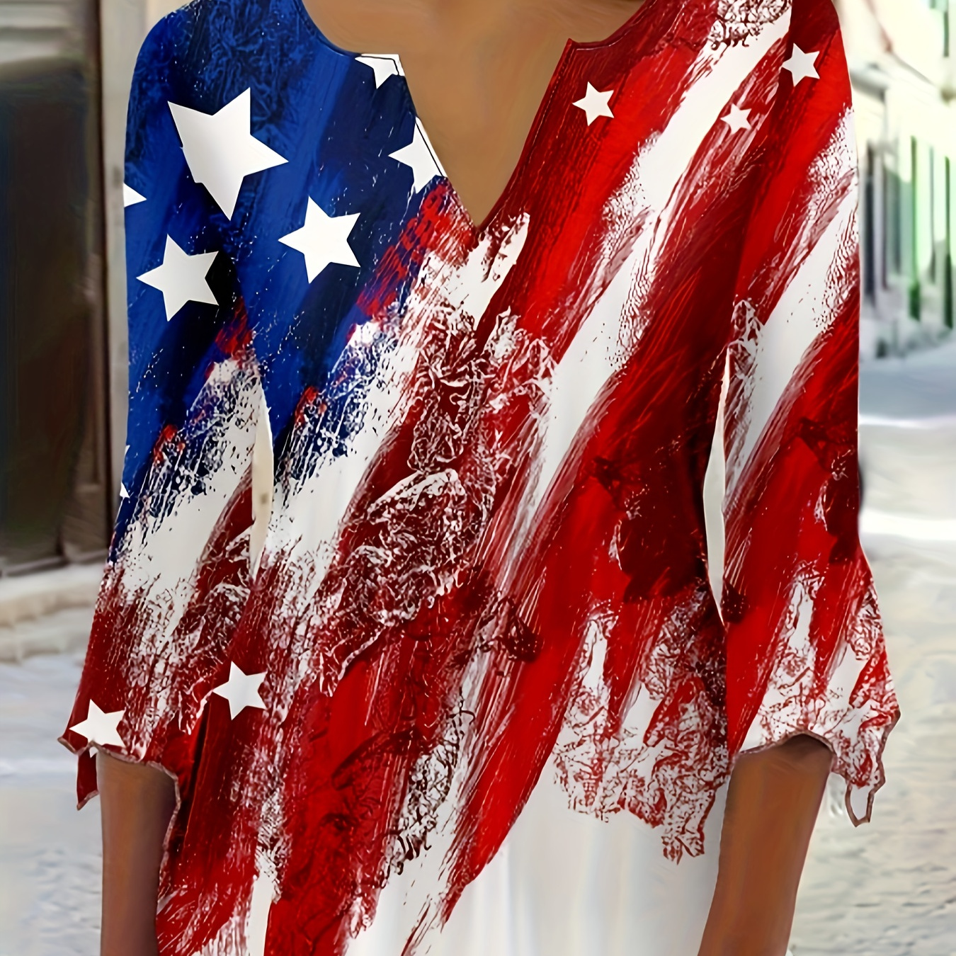 

Flag Print Notched V Neck T-shirt, Elegant 3/4 Ruffle Sleeve Top For Spring & Fall, Women's Clothing