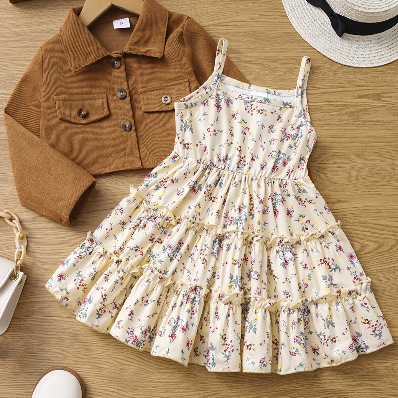 

2pcs Toddler Girl Buttons Front Long Sleeve Jacket And Allover Floral Print Ruffle Slip Dress Set, Kids Clothes For Spring Autumn
